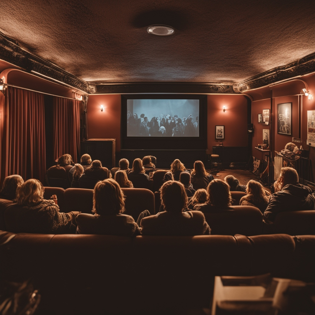 Audience inside an auditorium watching a film.